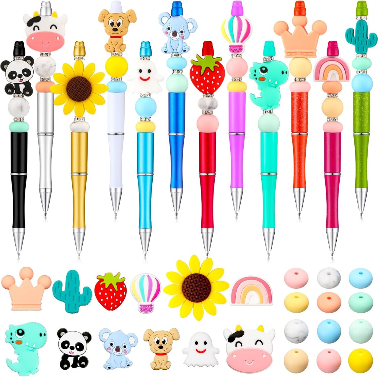 12 Pieces Beadable Pens Kit with Silicone Focal Beads, Animal Style, Black Ink, for DIY School Supplies